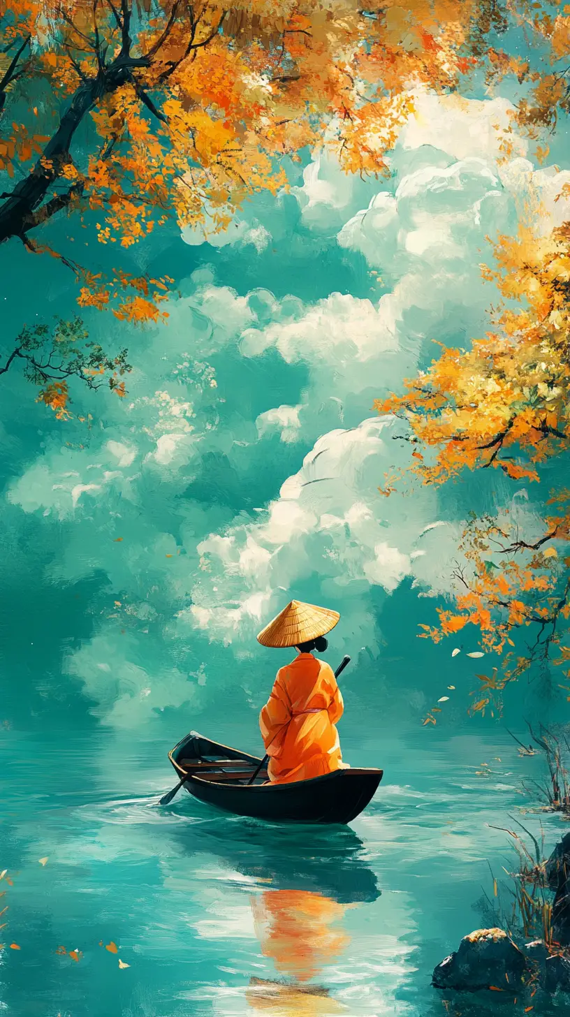 Traveler in orange kimono boating across turquoise river