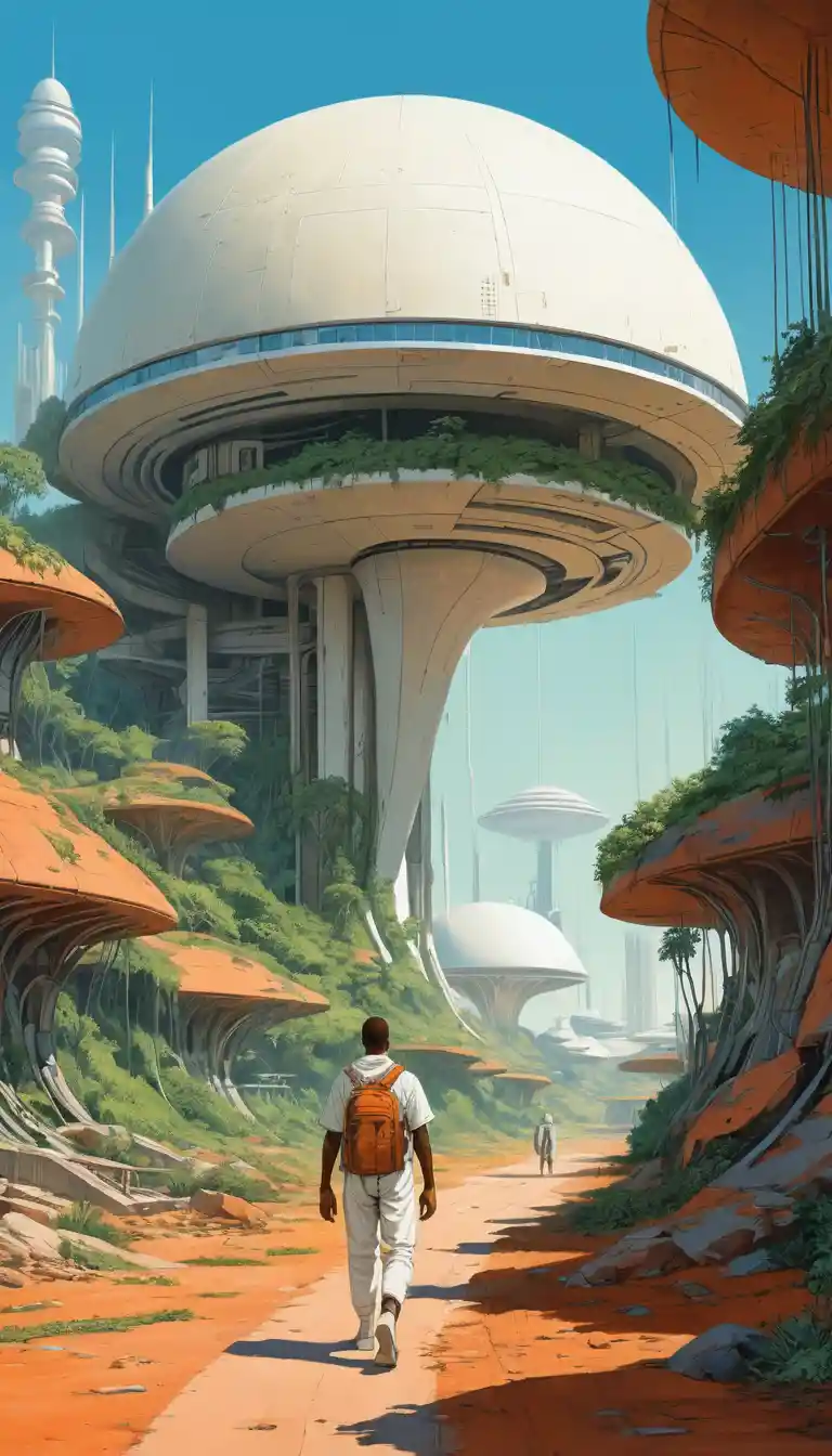 Young man walking toward a lush futuristic cityscape