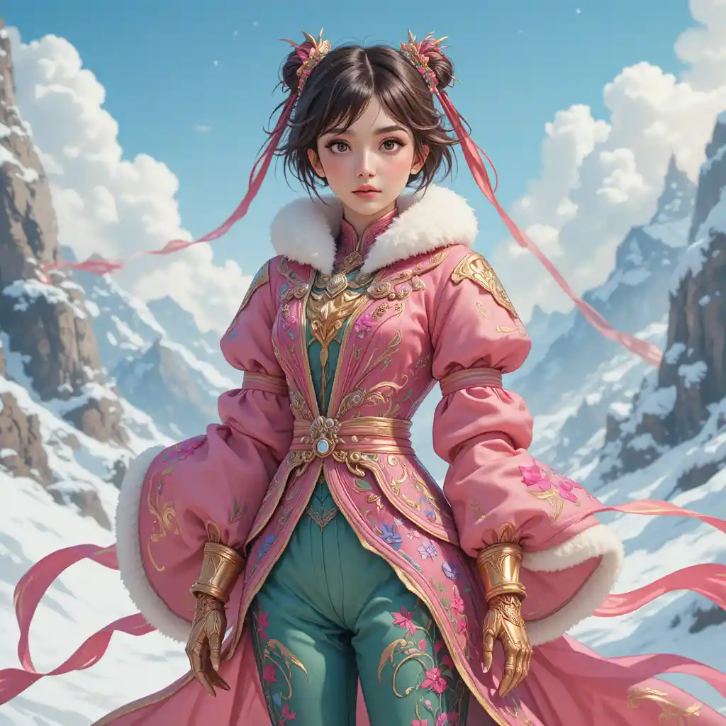 Fantasy-Mädchen in rosa Jacke in verschneiter Landschaft