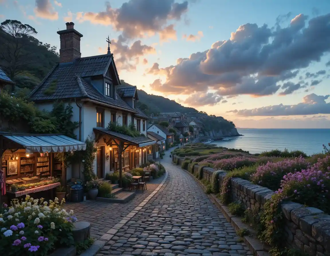 Quiet seaside cottage along glowing cobblestone street