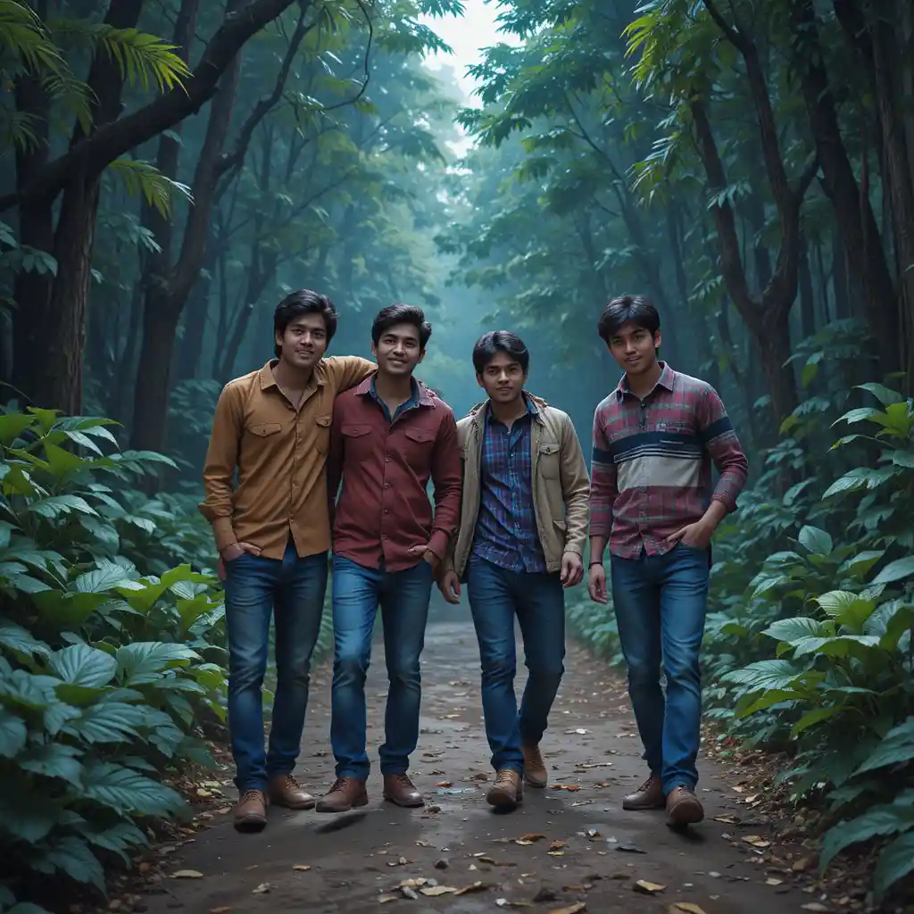 Cuatro amigos caminando por un atajo en el bosque de noche