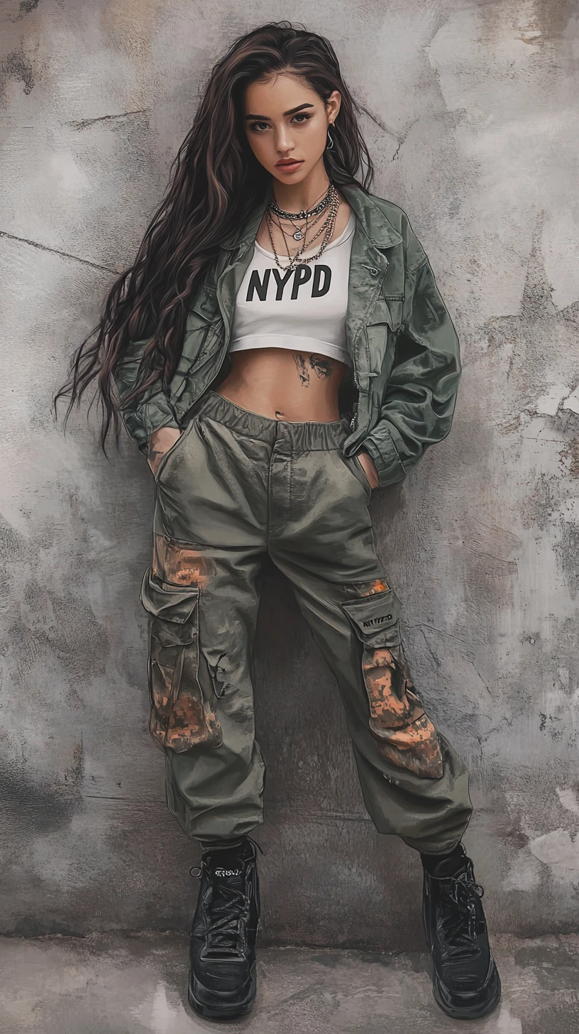 Jeune femme en streetwear urbain devant un mur en béton