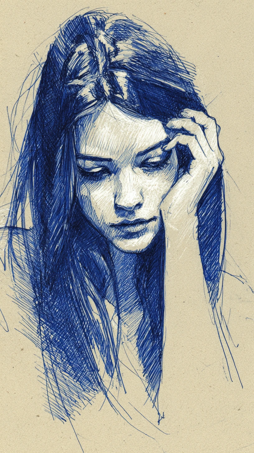 Ritratto di ragazza malinconica a inchiostro blu e grafite