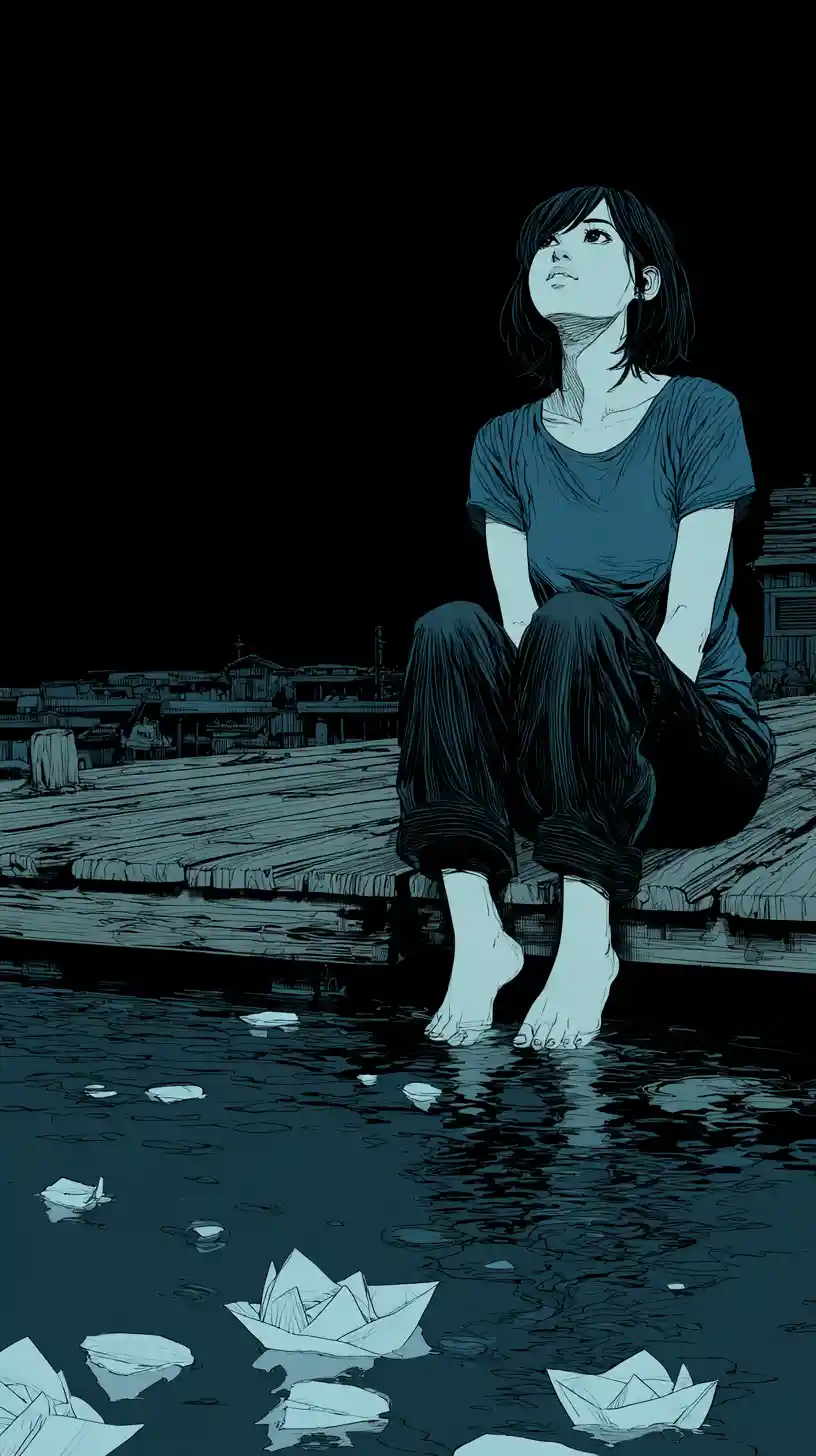 Young woman on wooden pier gazing at dark rippling water