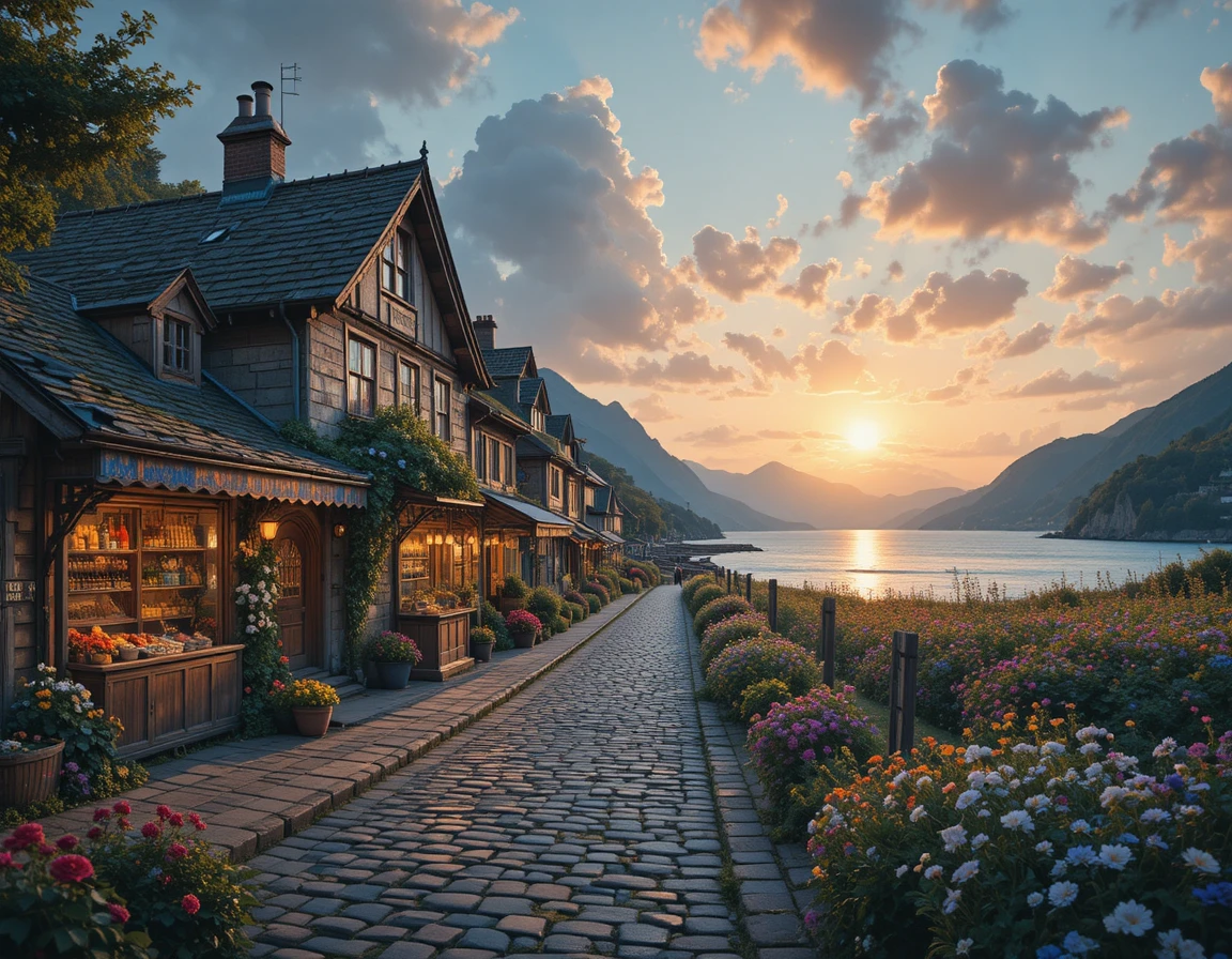 Paisible cottage en bord de mer le long d’une rue pavée au coucher du soleil