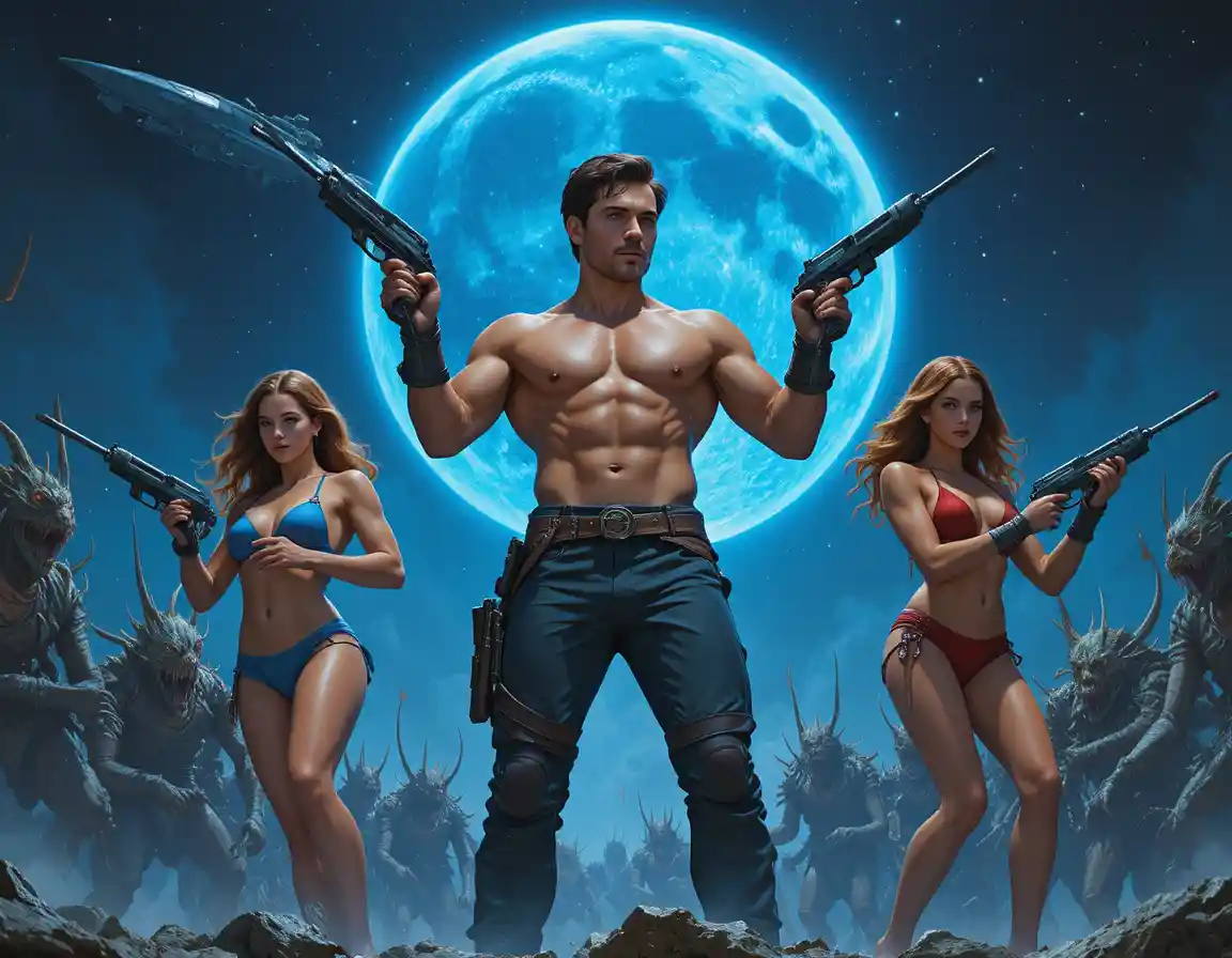 Muscular hero and armed women battling alien creatures under moon