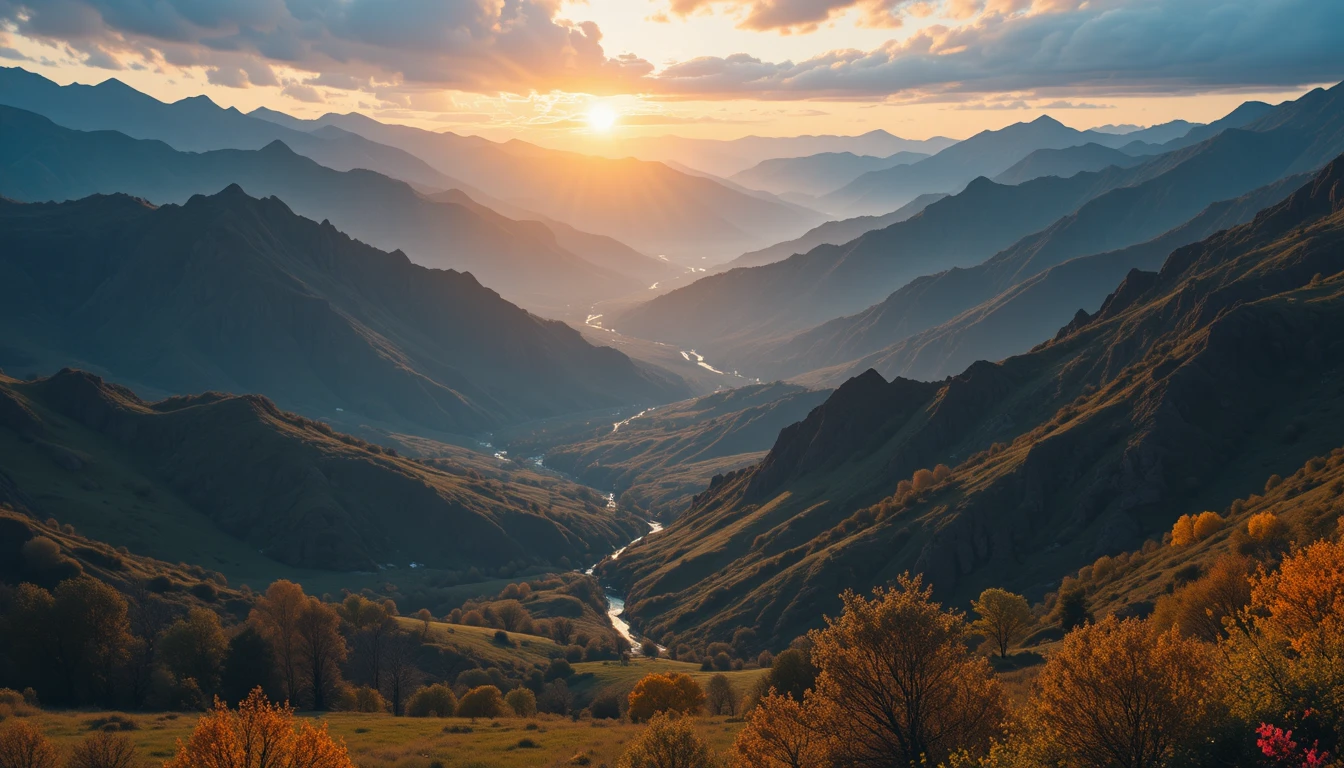Cinematic sunrise over a tranquil mountain valley landscape