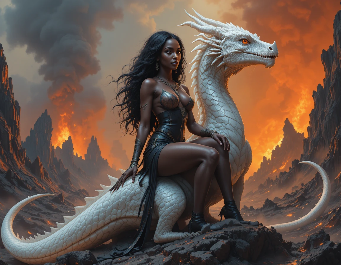 Fierce African warrior woman riding a white dragon