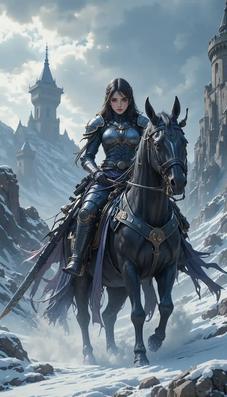 Guerrière balafrée en armure de fantaisie bleue en gros plan
