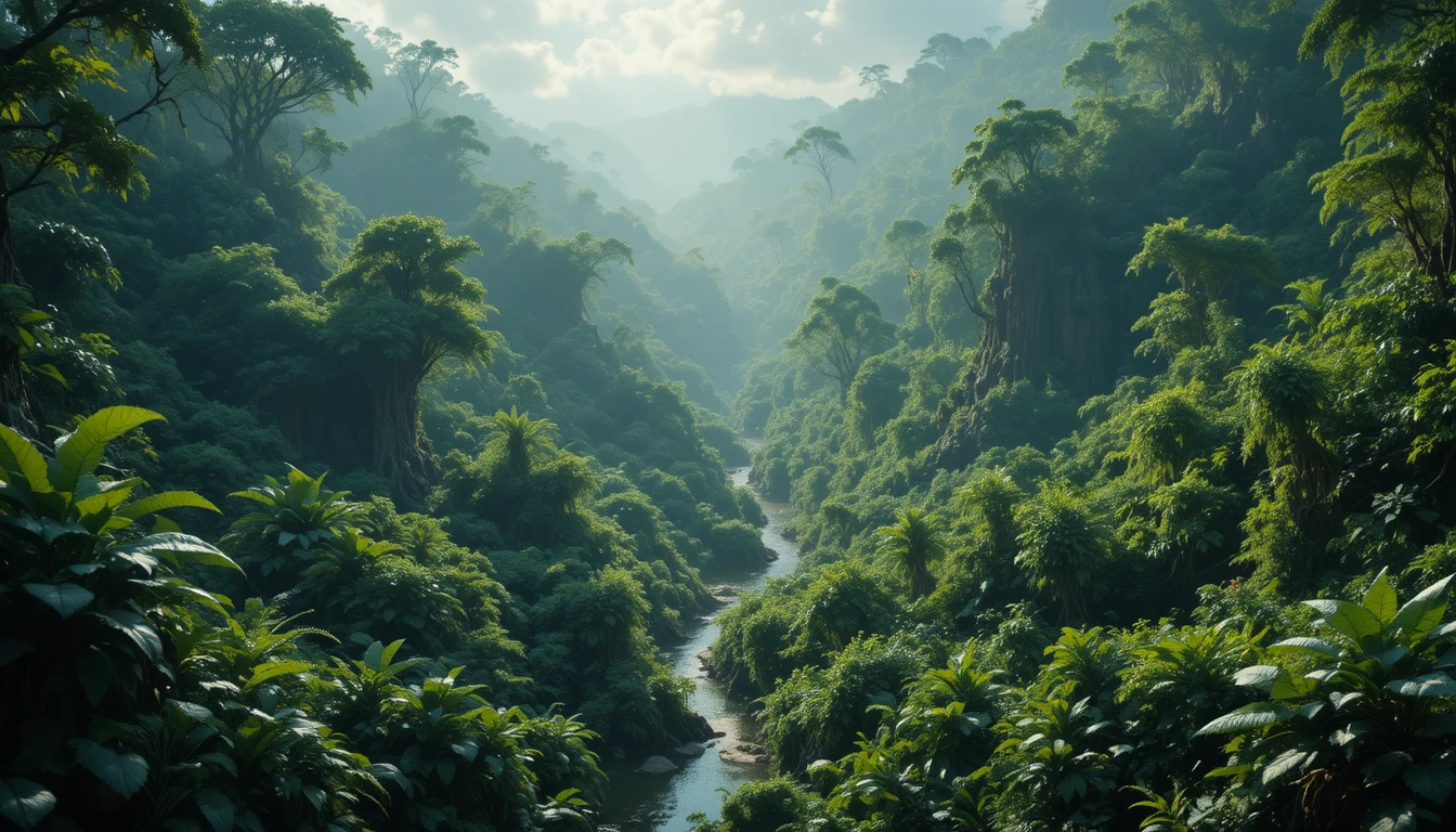 Lush jungle landscape with creeks and dancing shadows