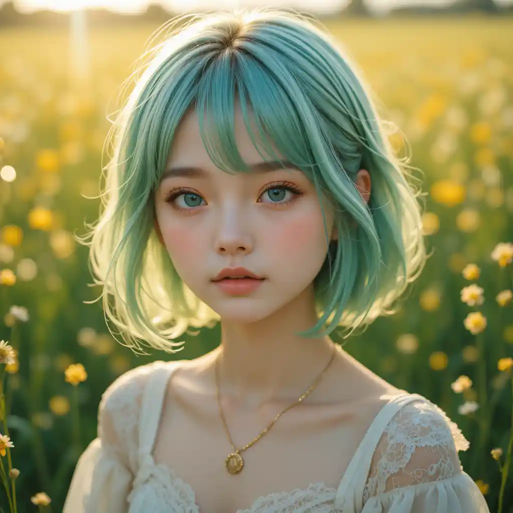 Anime-Mädchen mit mintfarbenen Haaren im sonnendurchfluteten Wiesenporträt
