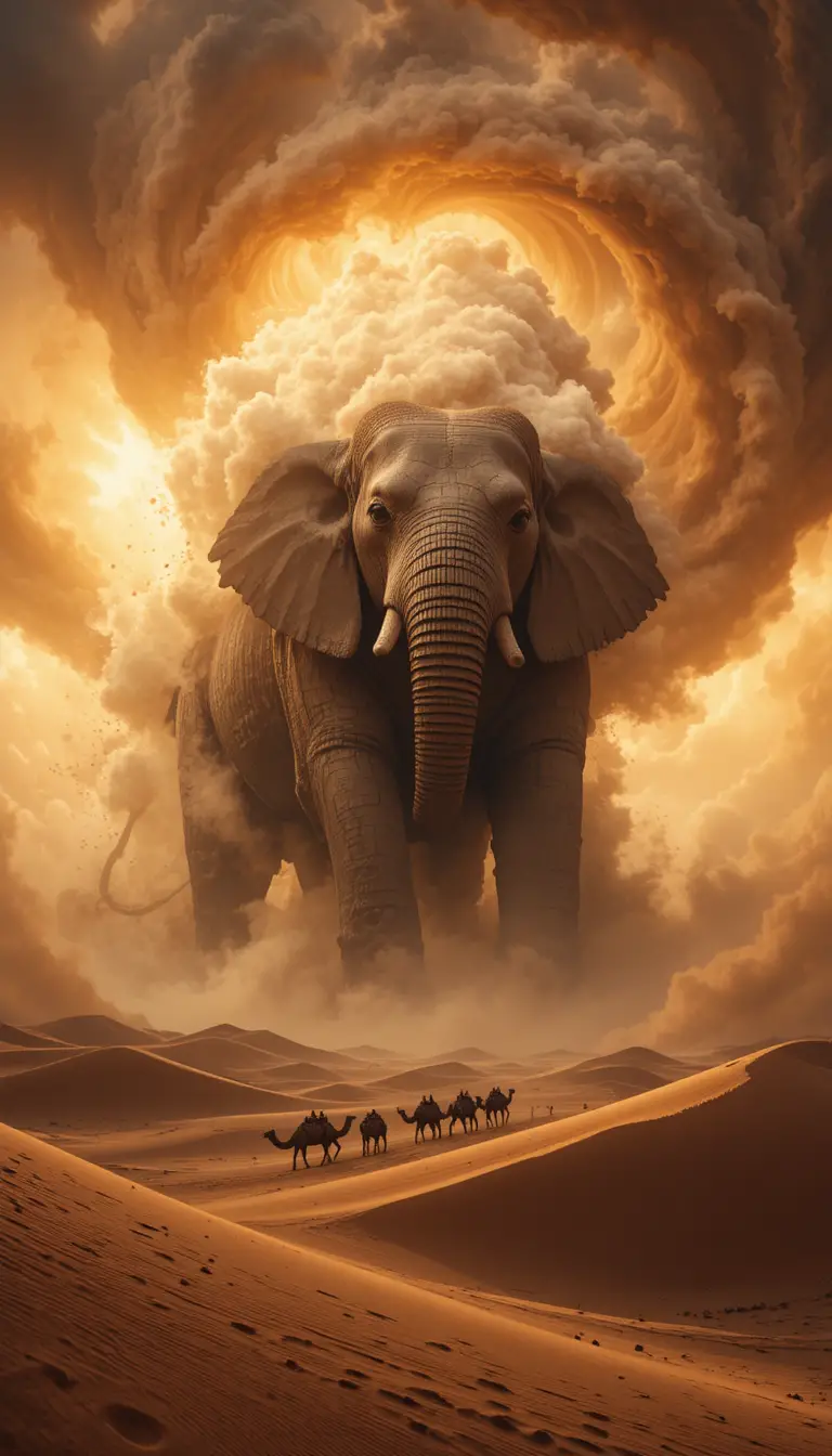 Ancient stone elephant emerging from a swirling desert sandstorm
