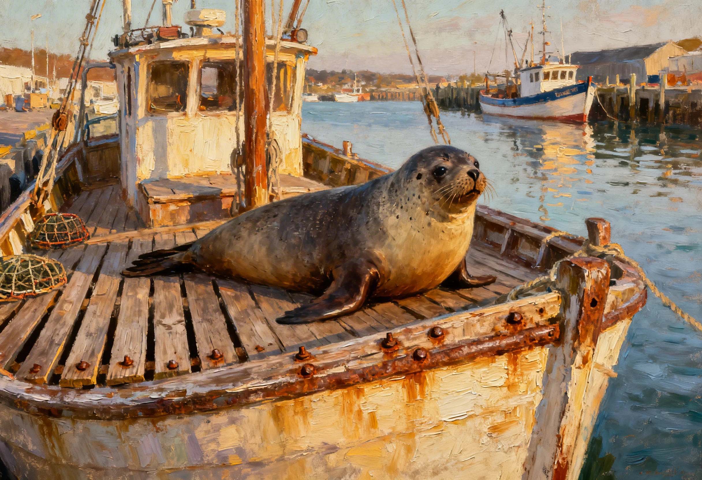Harbor seal resting on the deck of an old fishing boat