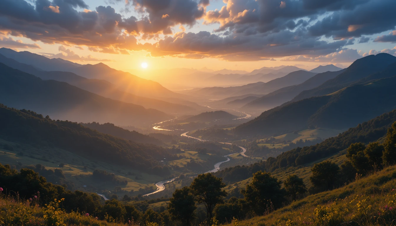 Amanecer dorado sobre un tranquilo paisaje de valle montañoso