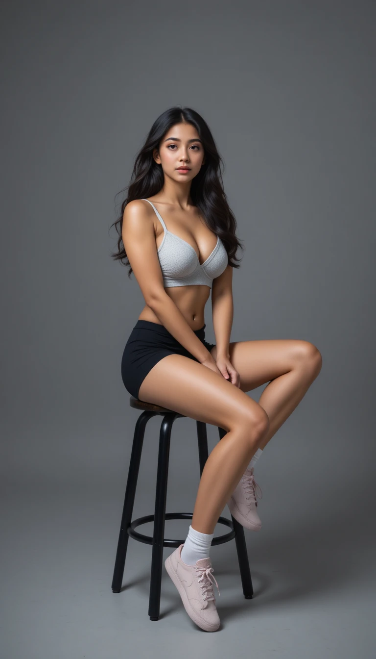 Confident young woman posing on stool in studio