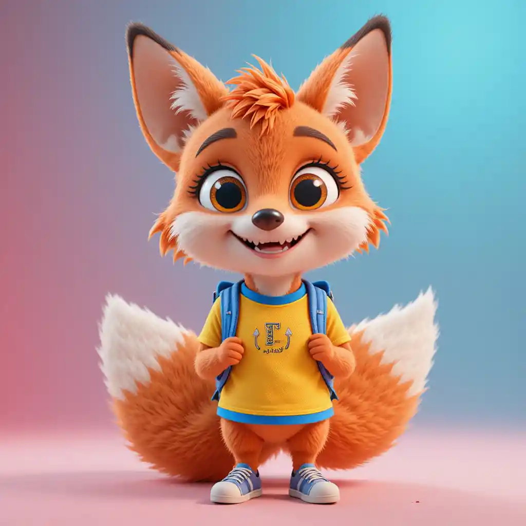 Cute 3D cartoon fox mascot in colorful kids outfit