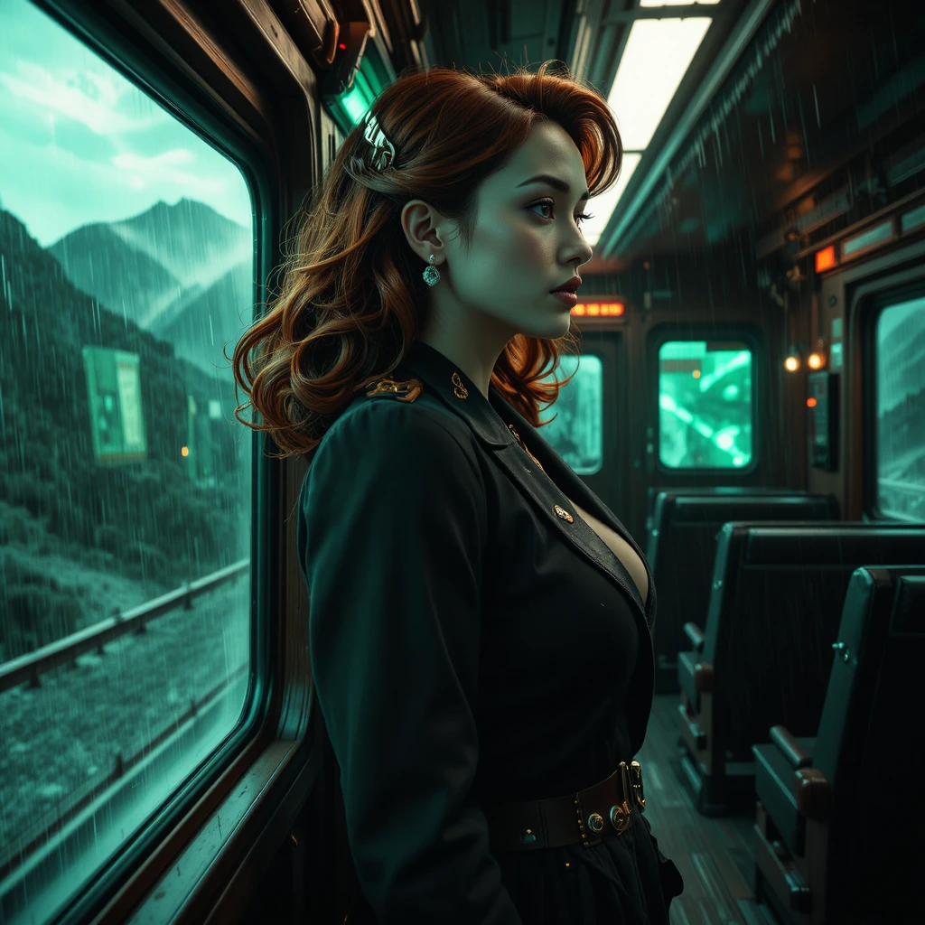 Sin City style portrait of a woman train conductor