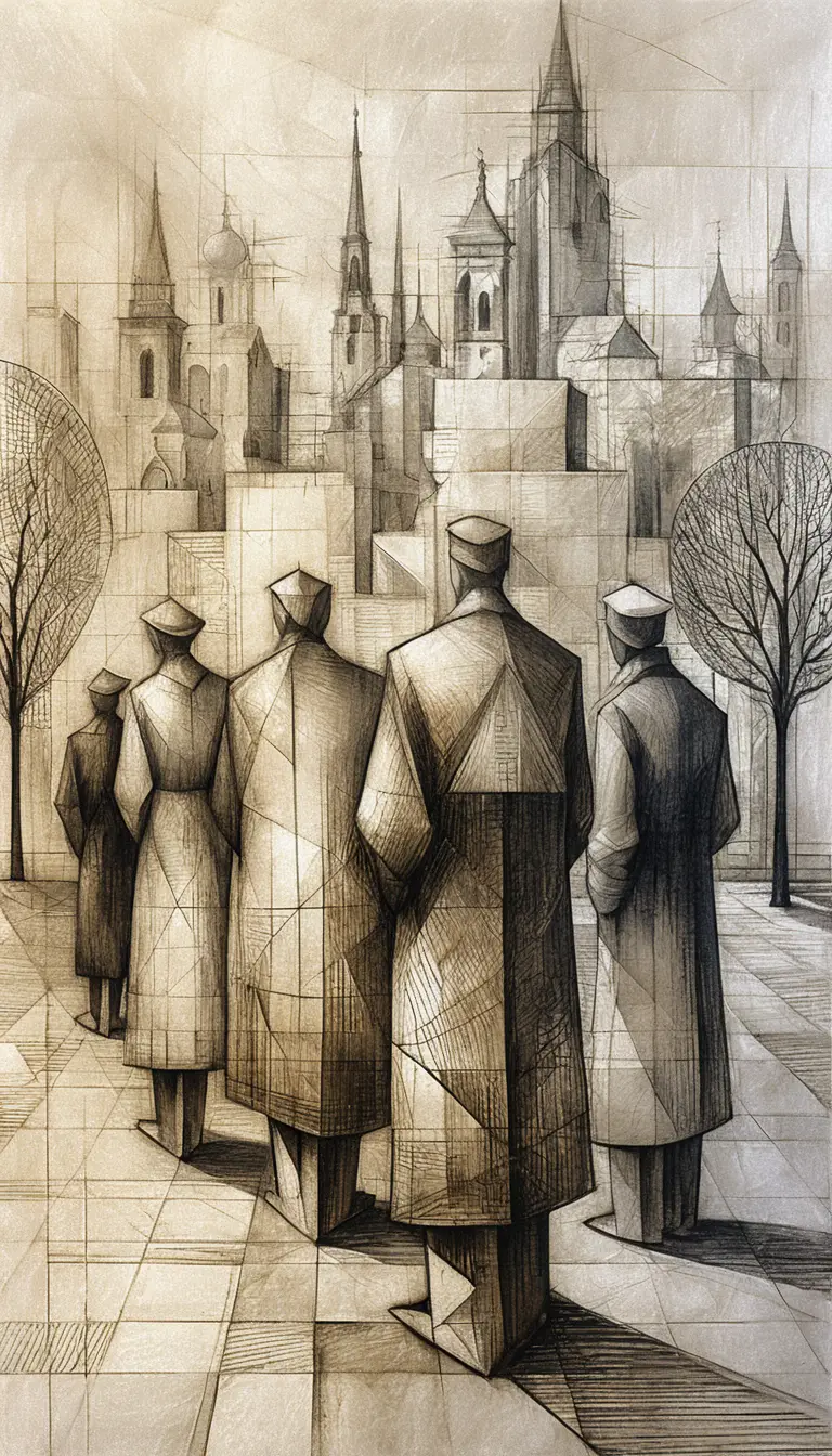 Cubist graphite crowd facing a geometric sepia cityscape