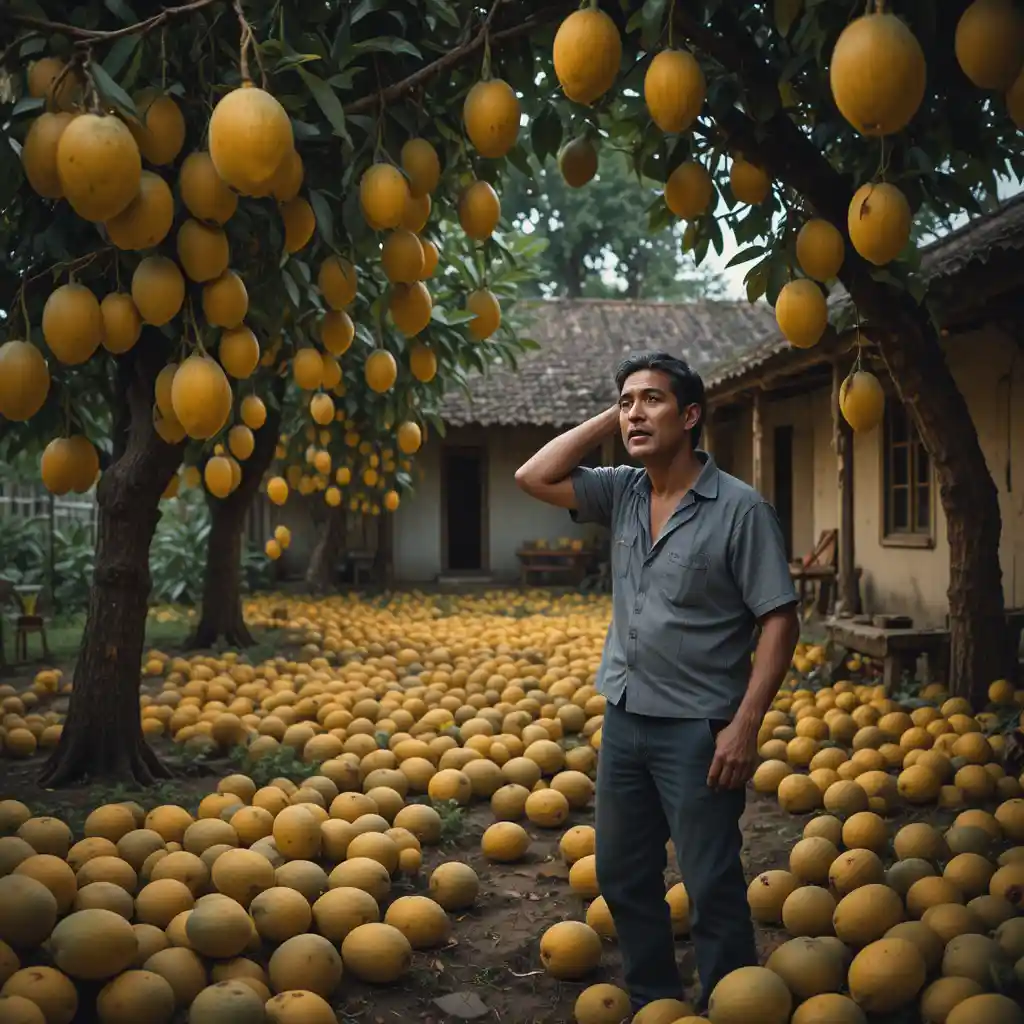 Stressed farmer in courtyard surrounded by falling mangoes
