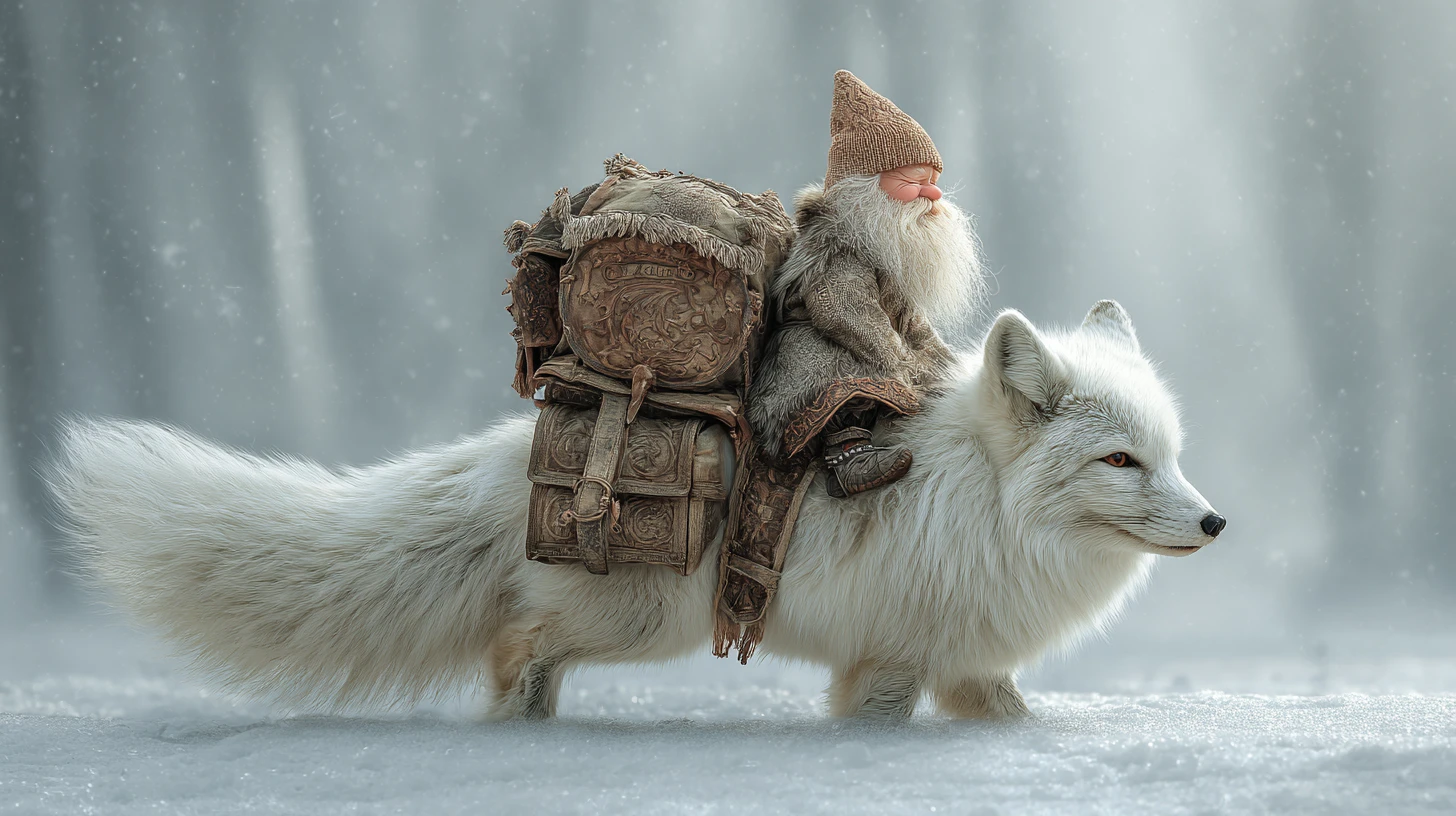 Tiny gnome riding a giant white fox through snowy forest