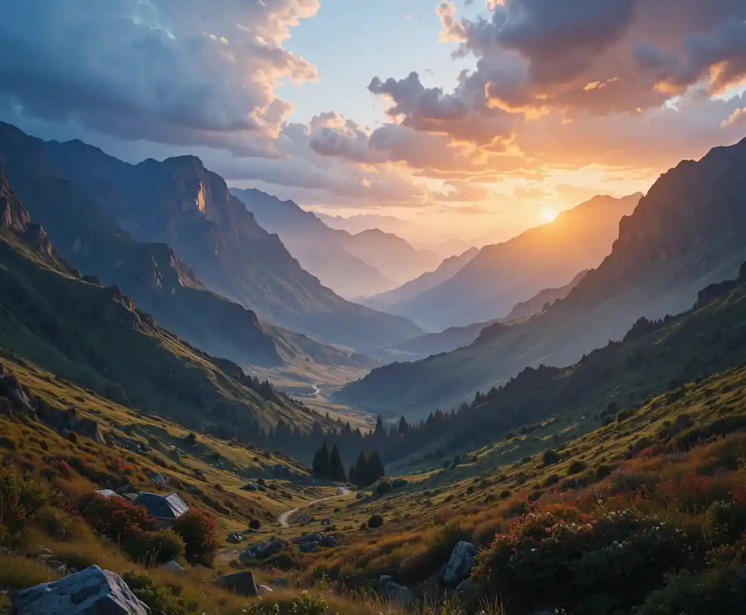 Dramatic sunrise over a tranquil mountain valley landscape