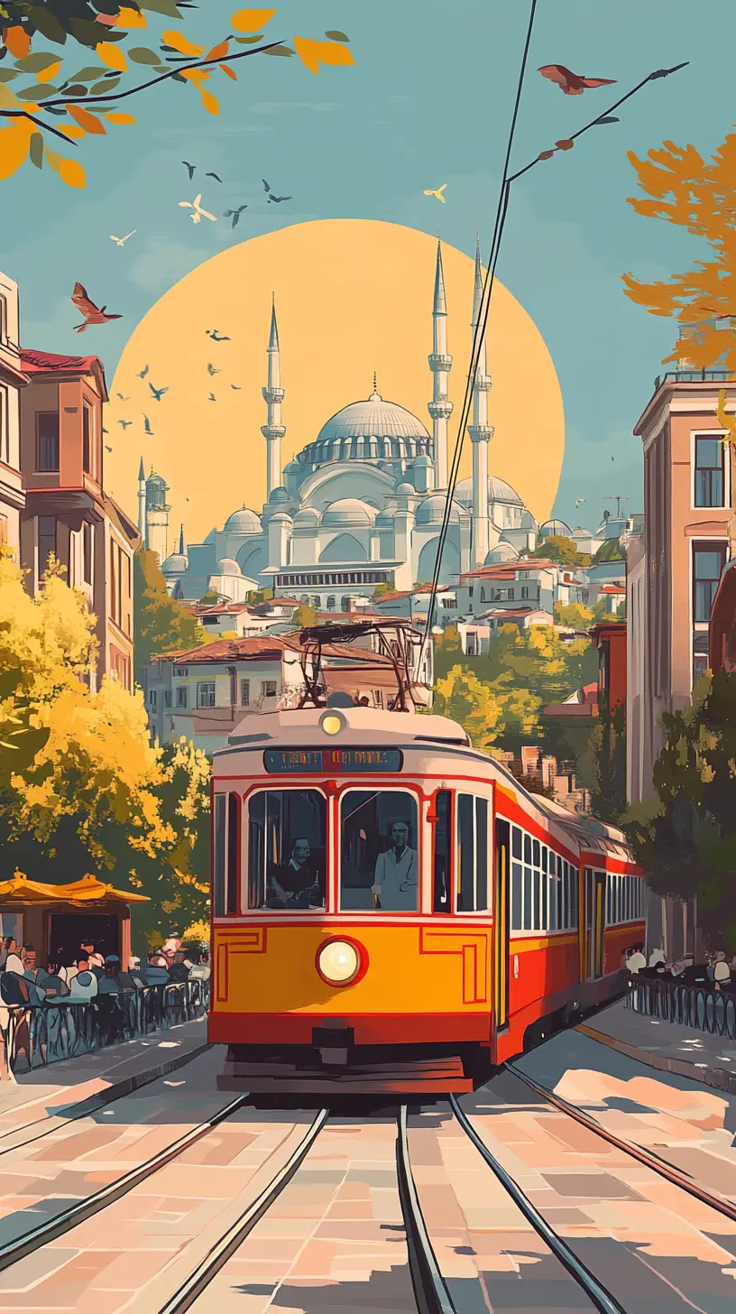 Vintage red train on sunny Istanbul city street illustration