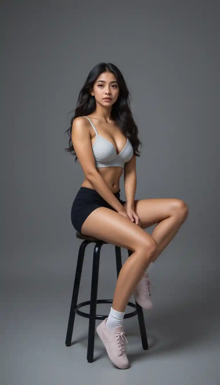 Confident young woman posing on stool in studio
