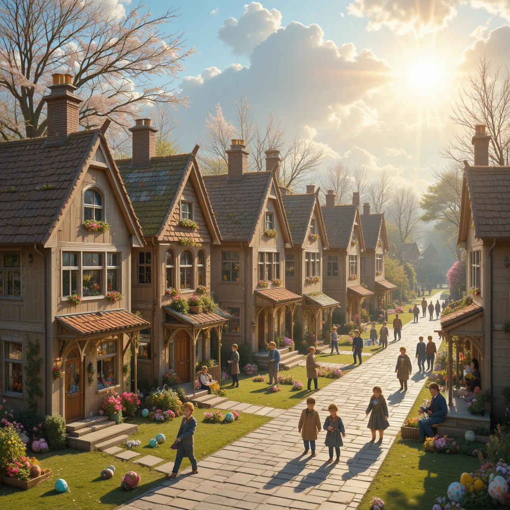 Tiny fantasy village of people preparing for Easter