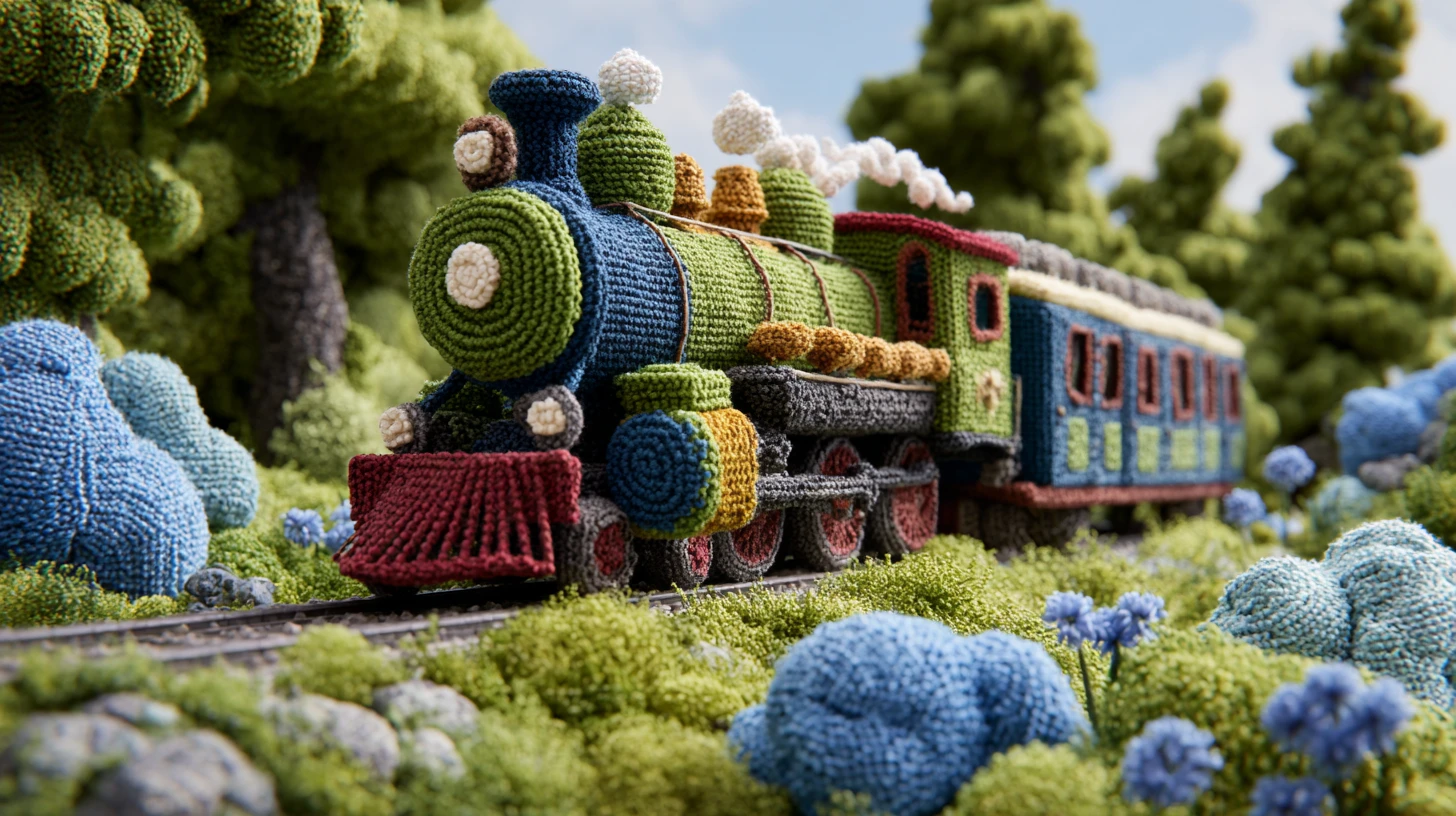 Trem Colorido de Crochê em uma Paisagem Rural Exuberante