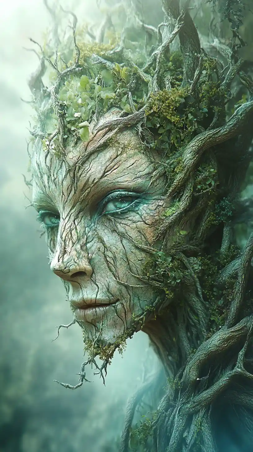 Mystical forest creature with plant like face and bark skin