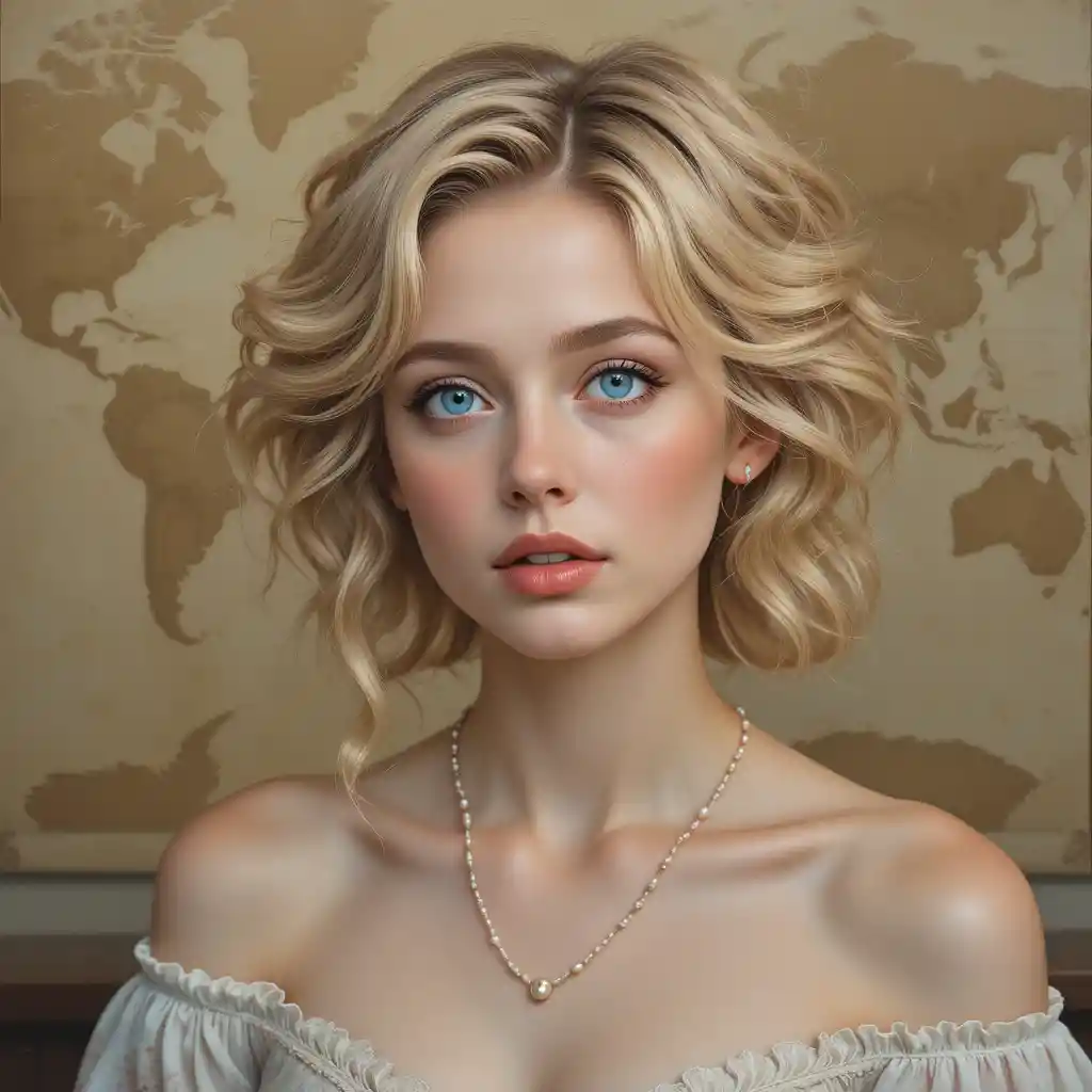 Elegant oil portrait of a young woman before antique map