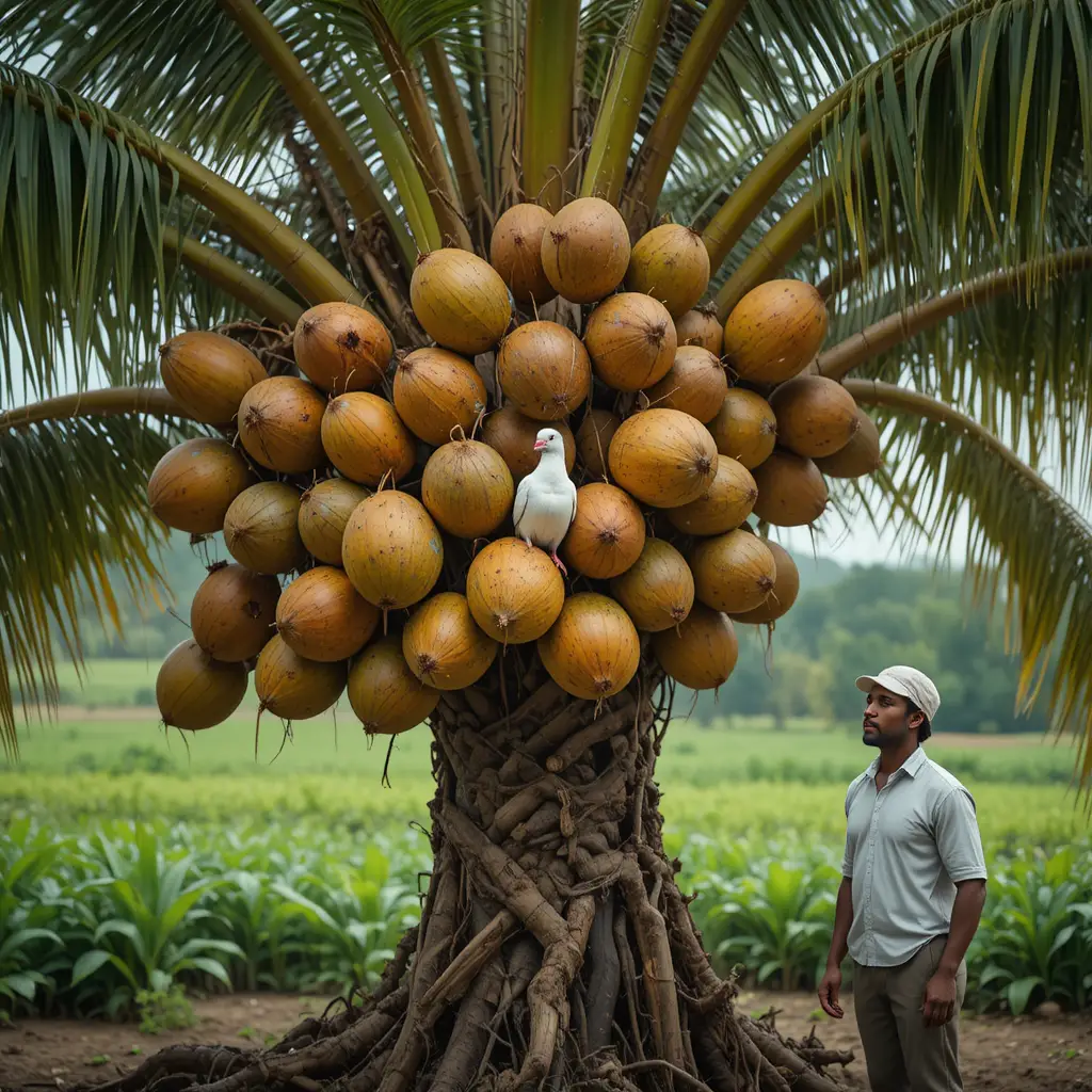 Farmer and coconut palm tree with white pigeon on farm