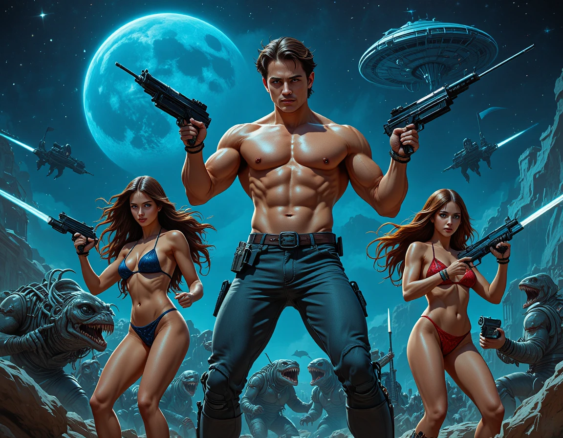 Muscular hero and armed women facing alien monsters