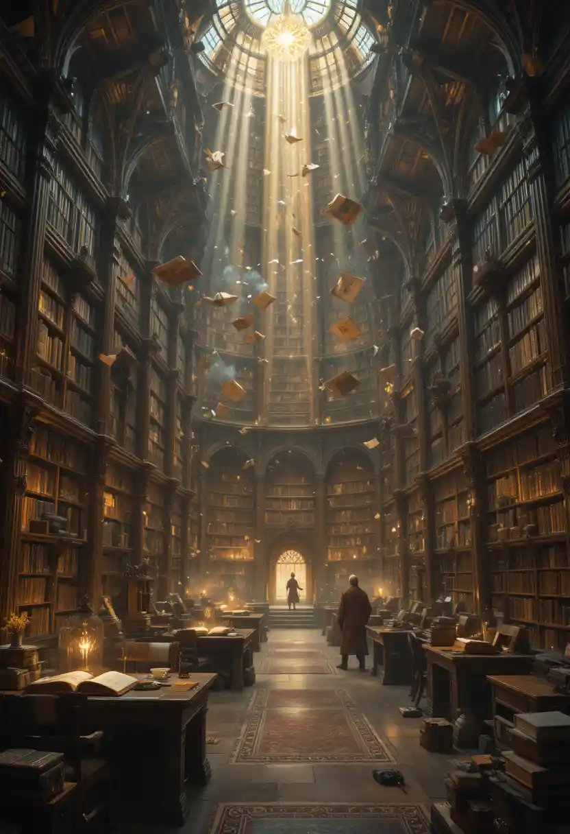 Enorme biblioteca de fantasia com livros flutuantes e runas brilhantes