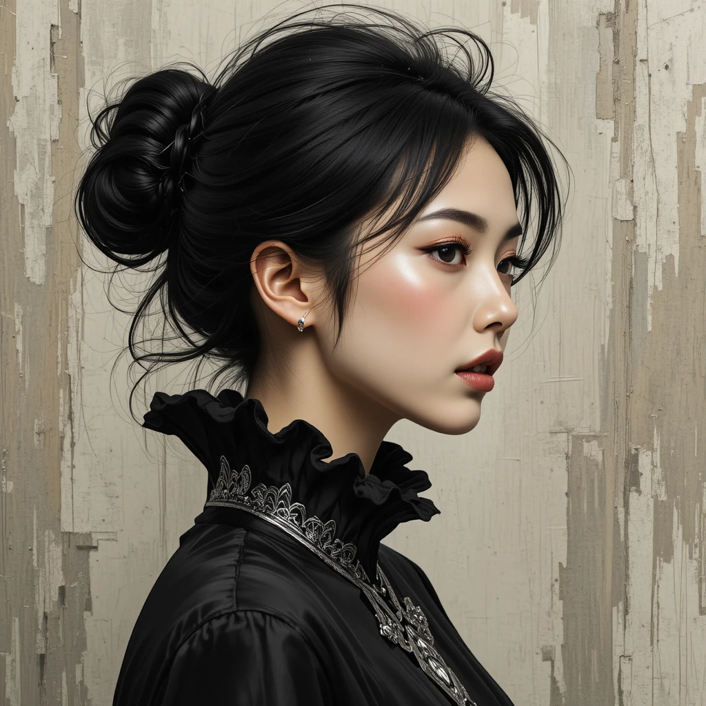 Profile portrait of a young woman with messy bun