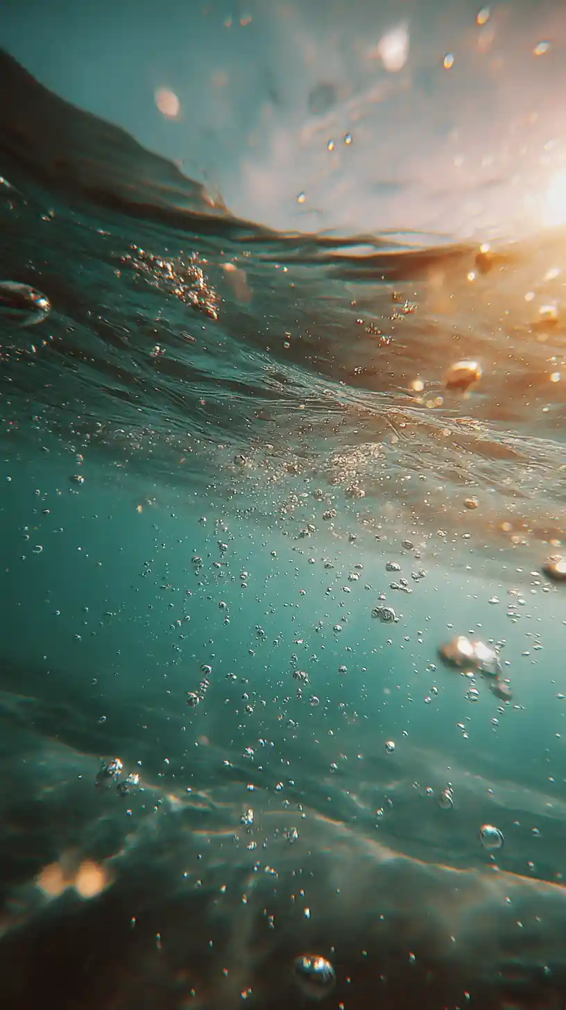 Sonnendurchflutete Blasen steigen unter Wasser zur kräuselnden Oberfläche auf