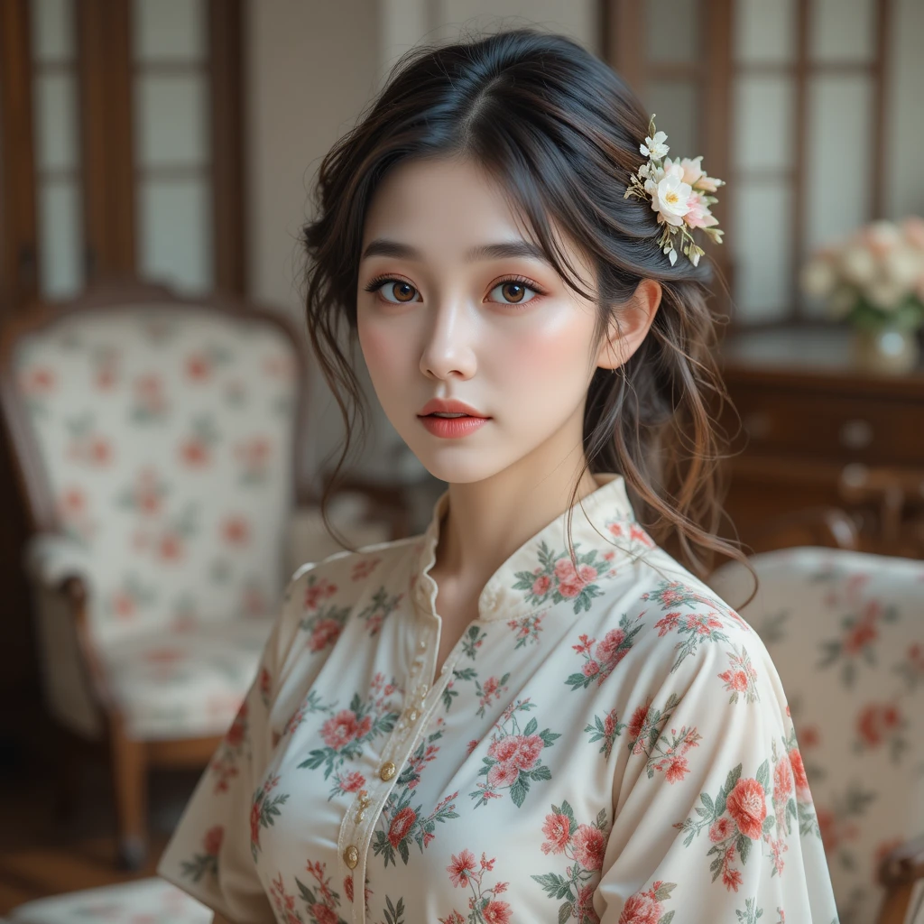 Dreamy portrait of a young woman with floral details