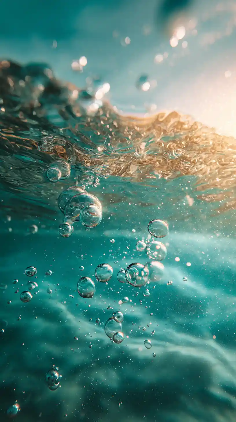 Underwater bubbles rising toward a sunlit ocean surface