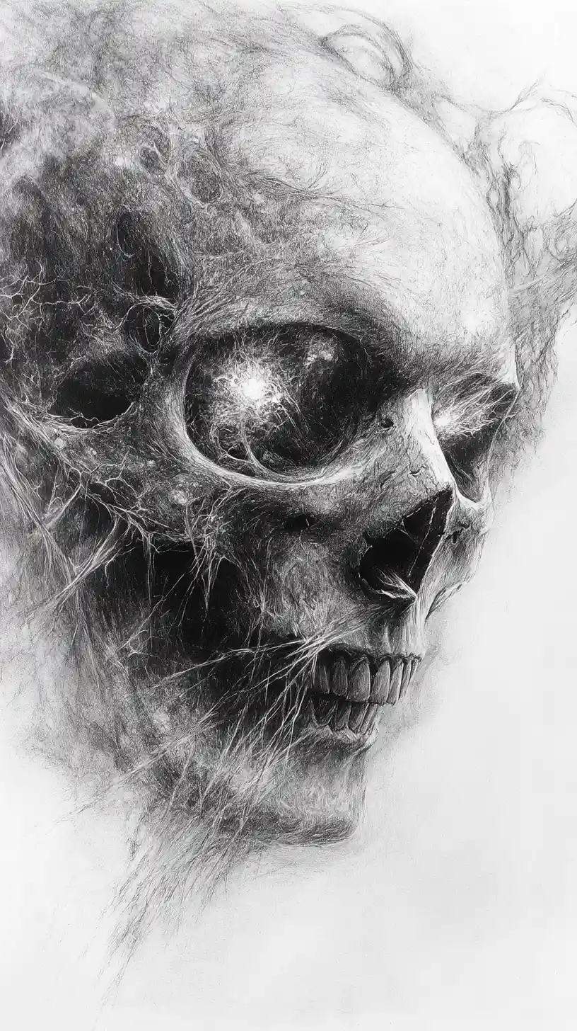 Charcoal skull with glowing eyes in abstract fiery composition