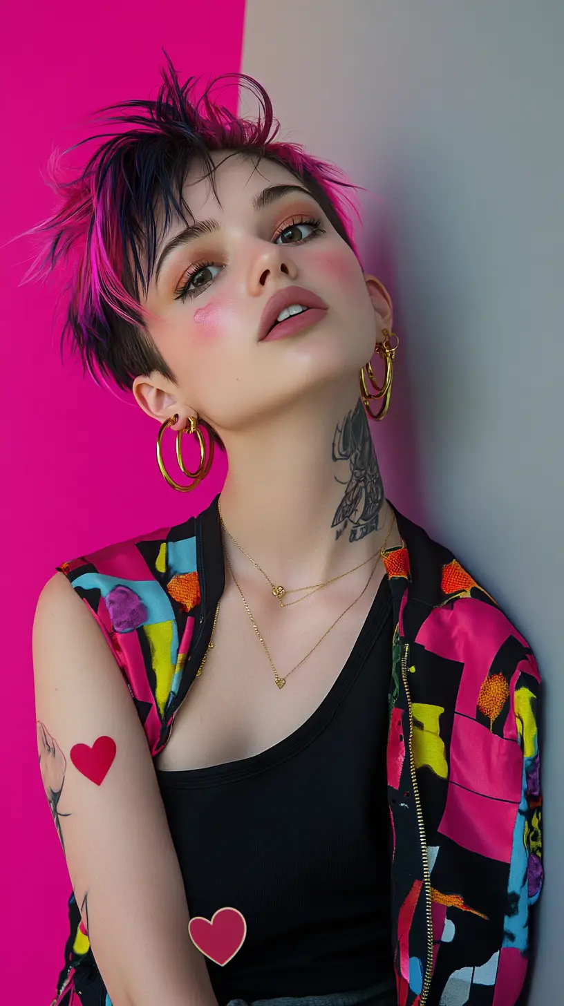 Surprised anime girl with rainbow jacket and bold hairstyle