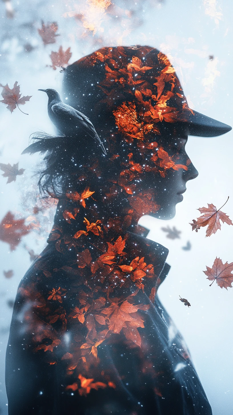 Surreales Profilporträt mit Herbstblättern und Sternenhimmel