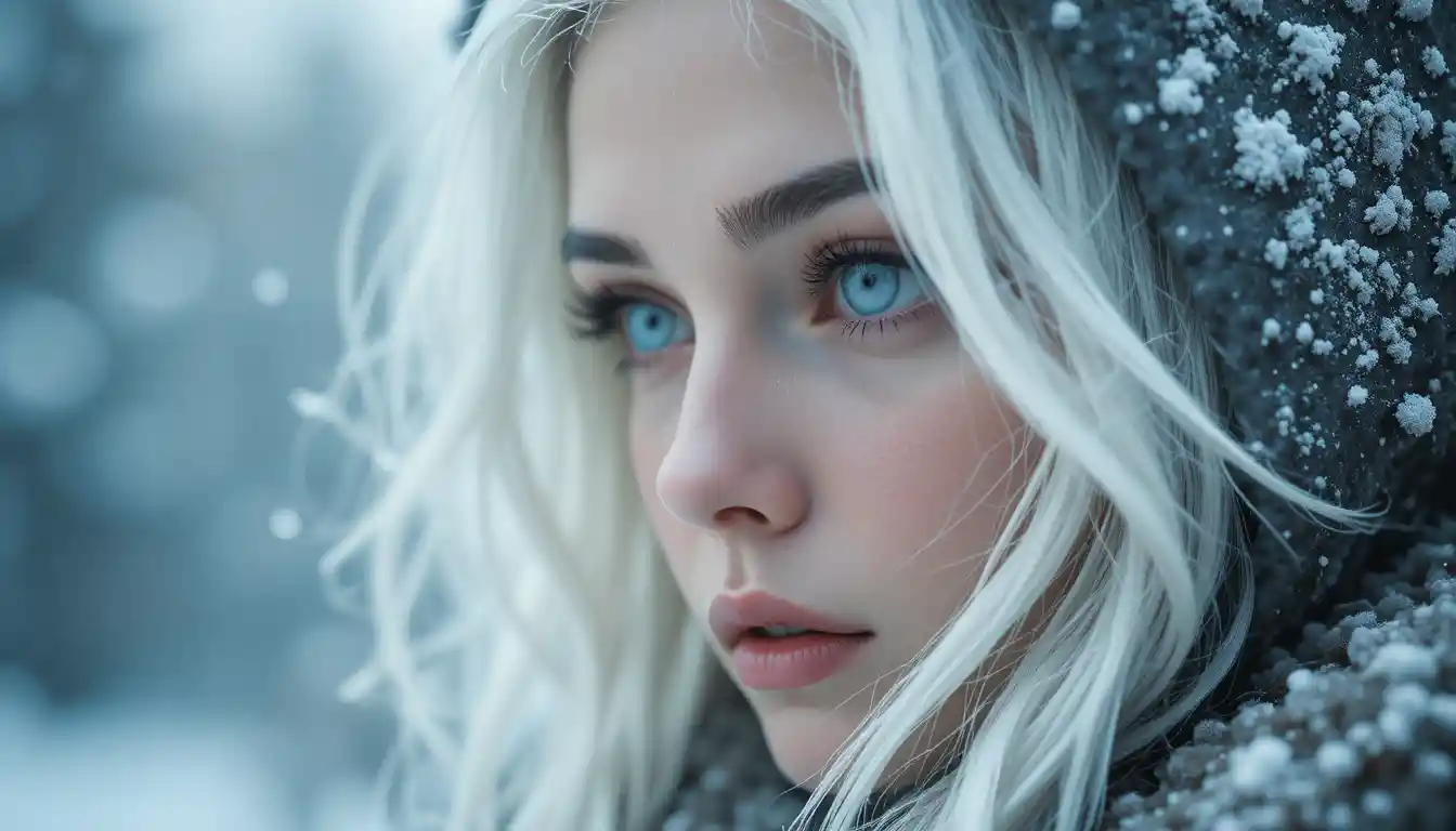Fille éthérée aux cheveux blancs glacés en hiver en gros plan
