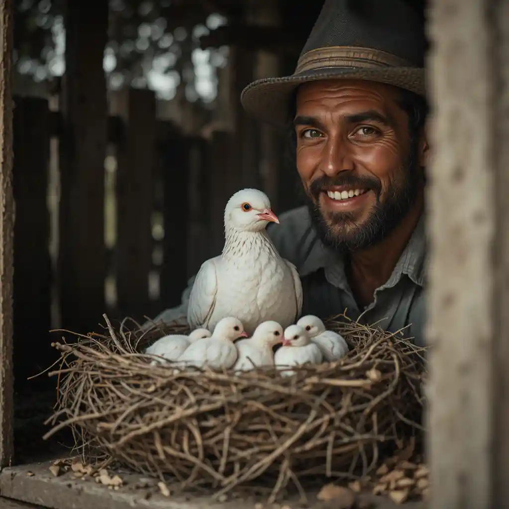 Paloma blanca con pichones anidando en cabaña rústica