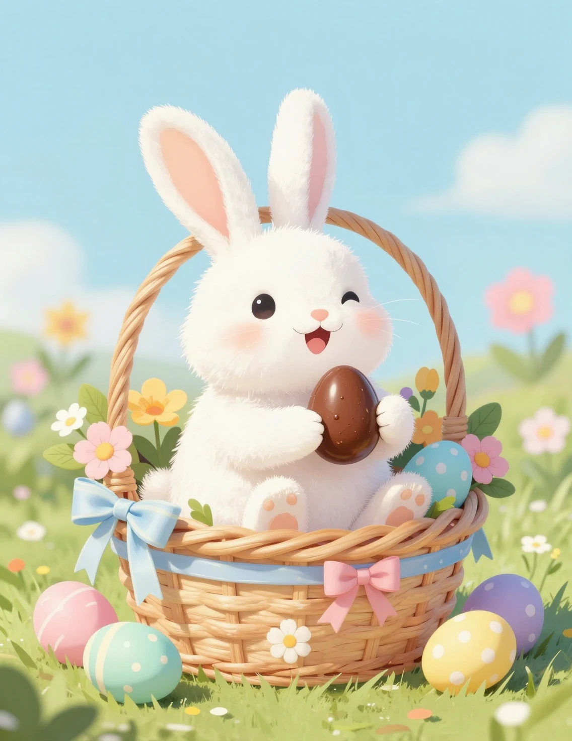 Joyful white Easter rabbit on a colorful spring basket