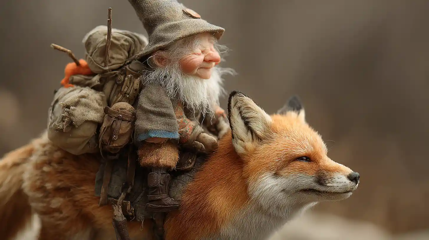 Winziger Gnom reitet auf einem Fuchs mit Reiserucksack