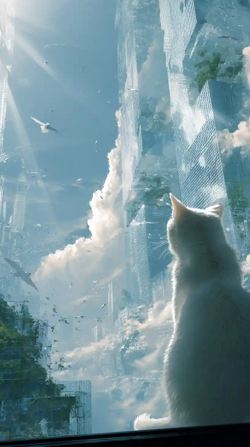 Chat blanc regardant par la fenêtre une ville surréaliste de gratte-ciel de verre flottants et d’oiseaux dans le ciel.