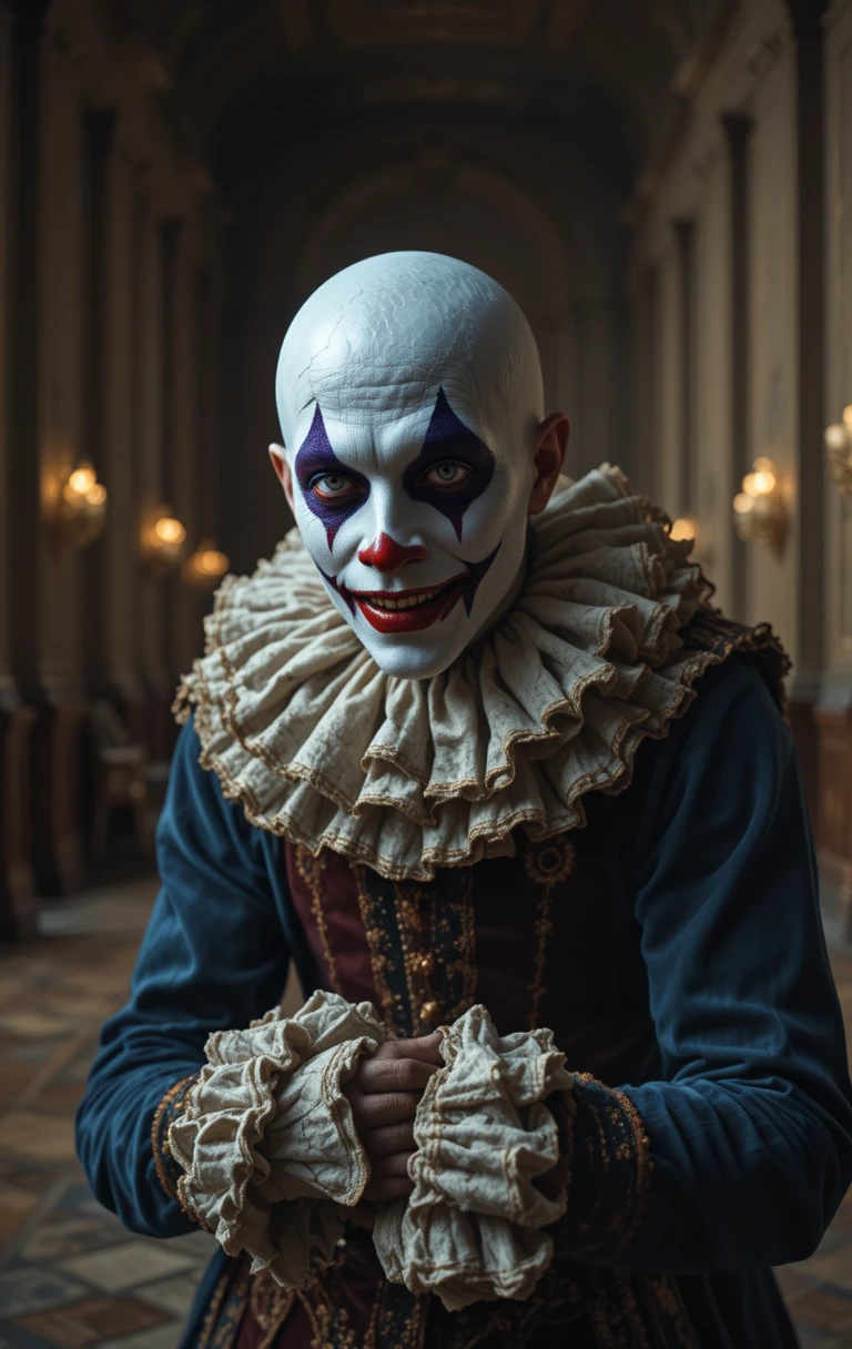 Melancholic clown in a dim Versailles palace hall