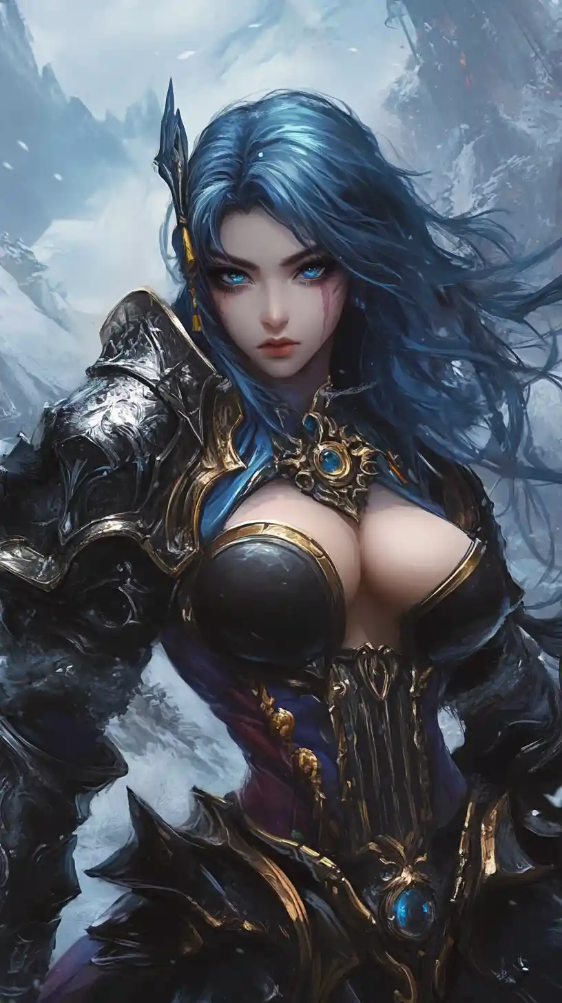 Close up of tattooed anime warrior woman in blue armor