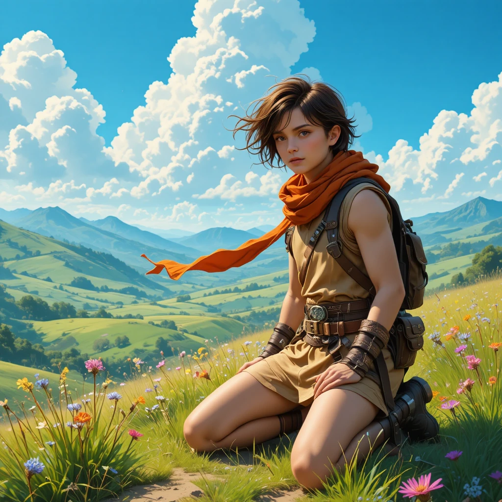 Young adventurer kneeling on a sunlit grassy hill