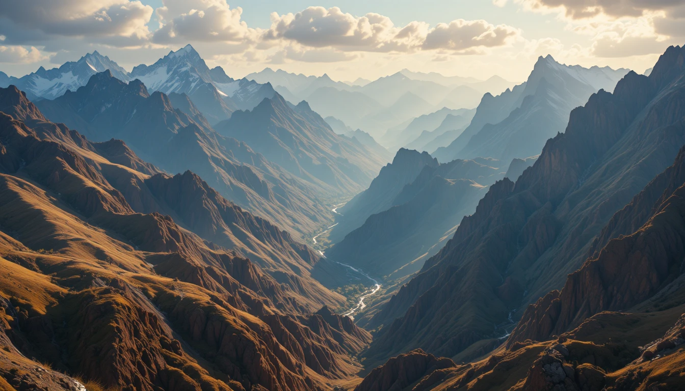 Vista panorámica cinematográfica de un majestuoso paisaje montañoso bañado por el sol